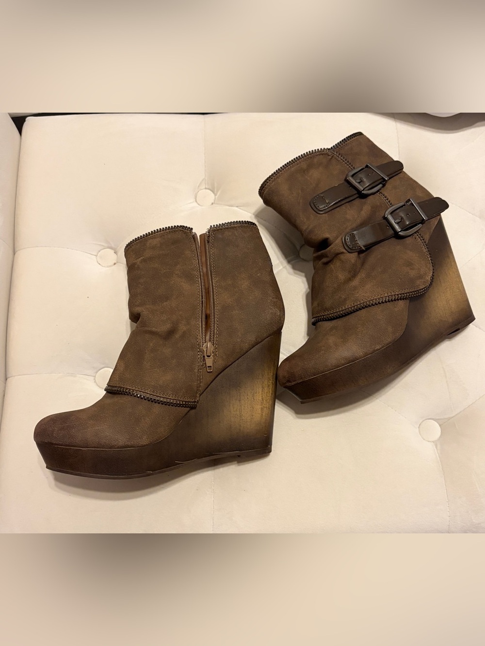Not Rated Brand, Brown Wedge Ankle Boots with Buckle Straps